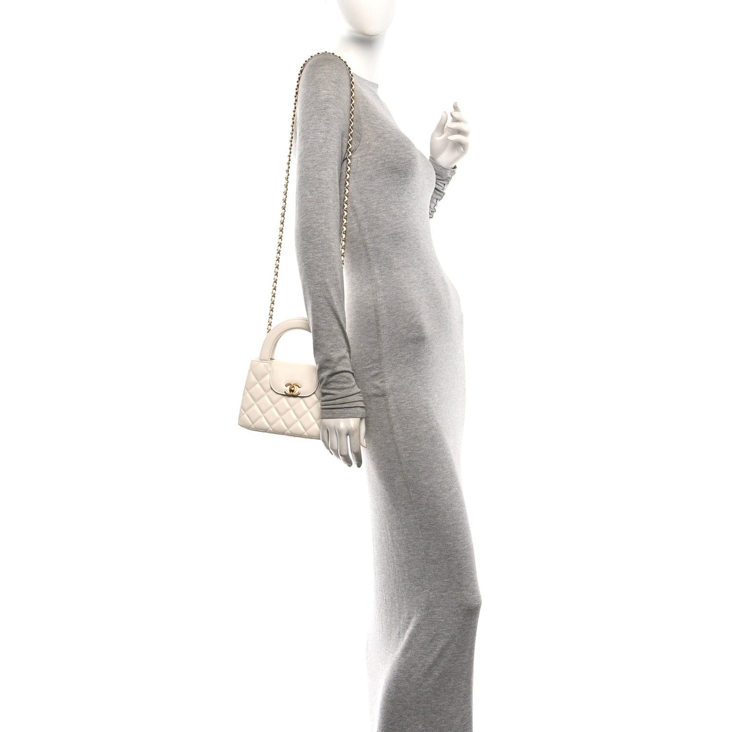 Shiny Aged Calfskin Quilted Nano Kelly Shopper White