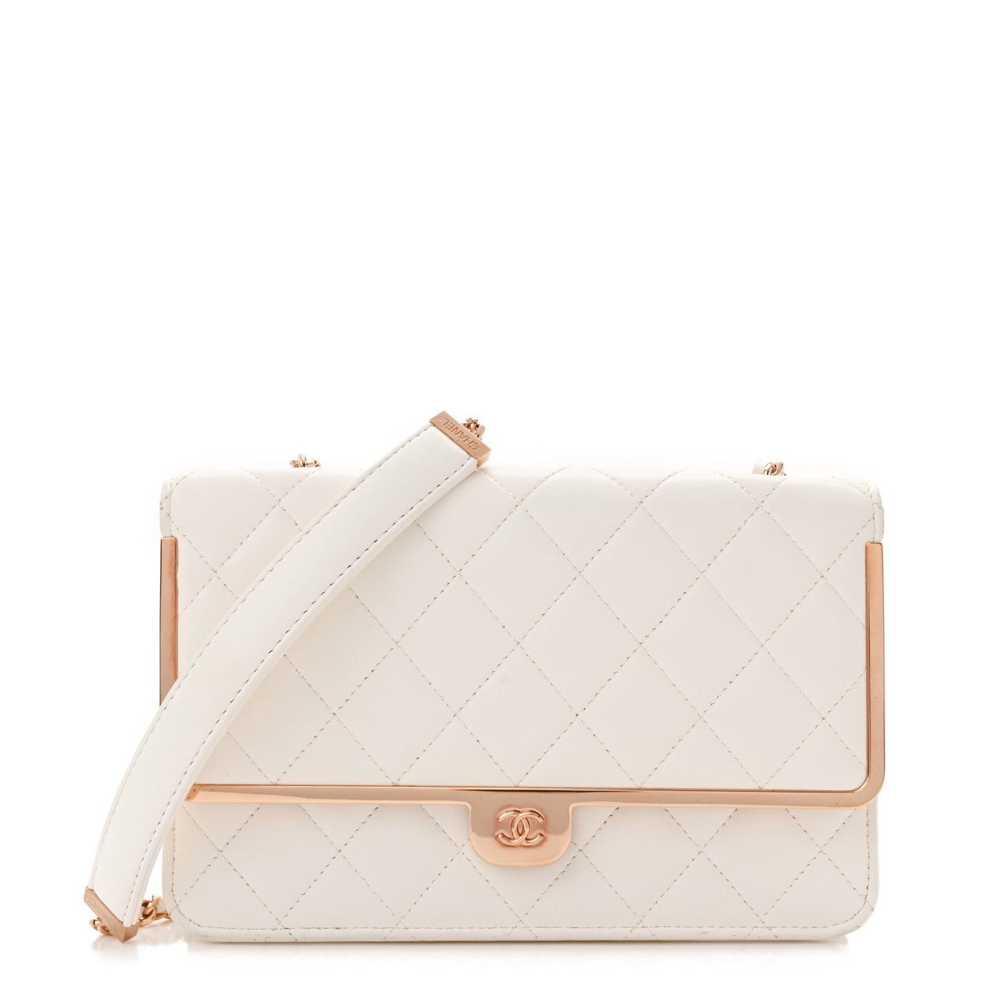 Lambskin Quilted Frame Wallet On Chain WOC White