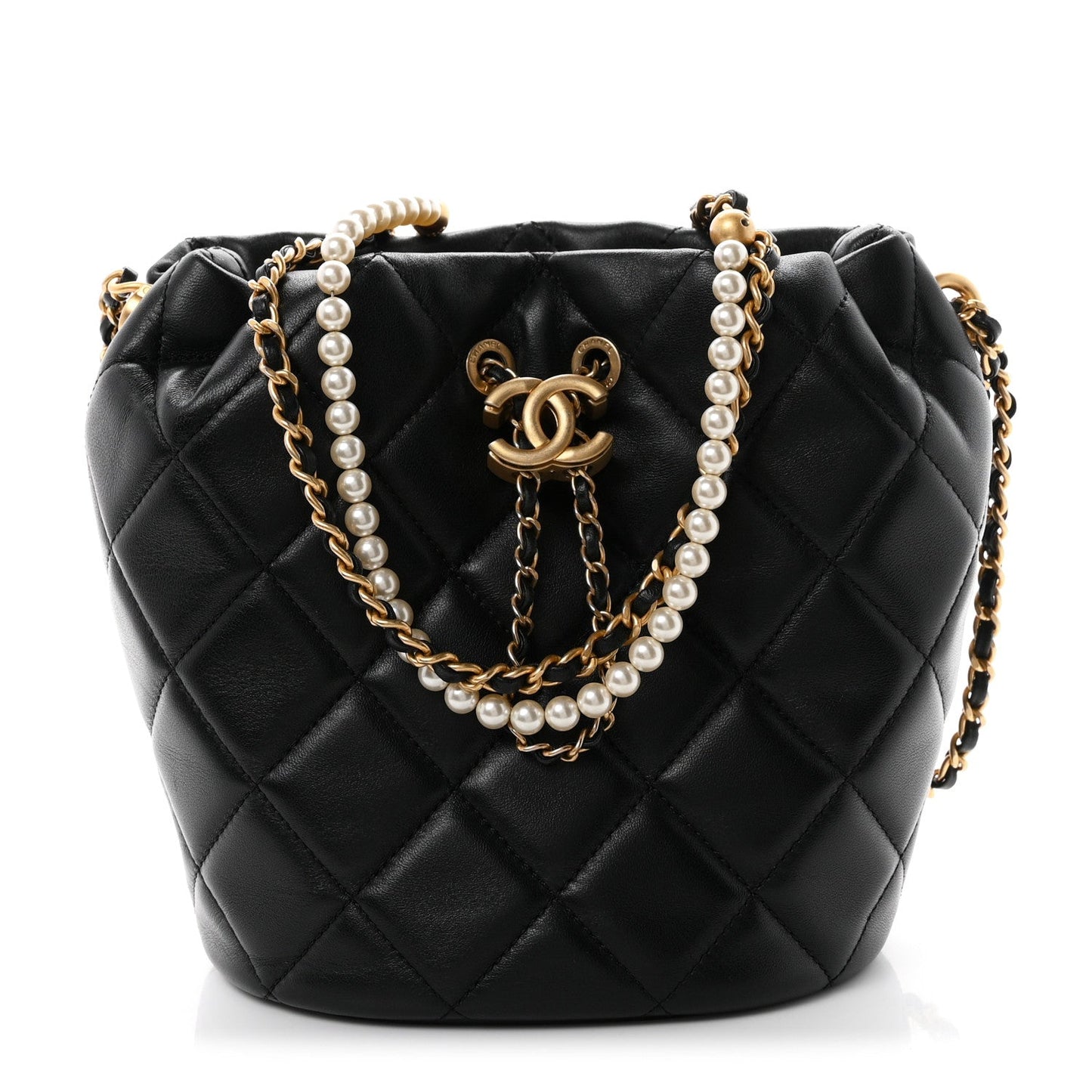 Lambskin Quilted My Perfect Chain Bucket Drawstring Bag Black