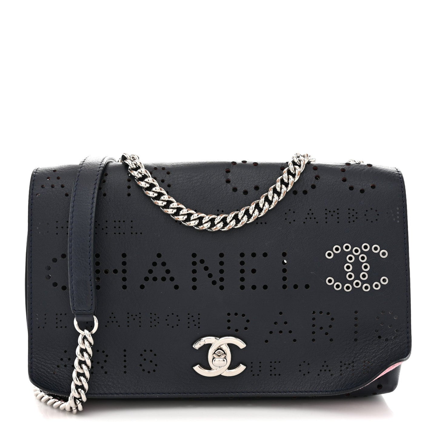 Calfskin Tweed Eyelet Flap Bag Navy