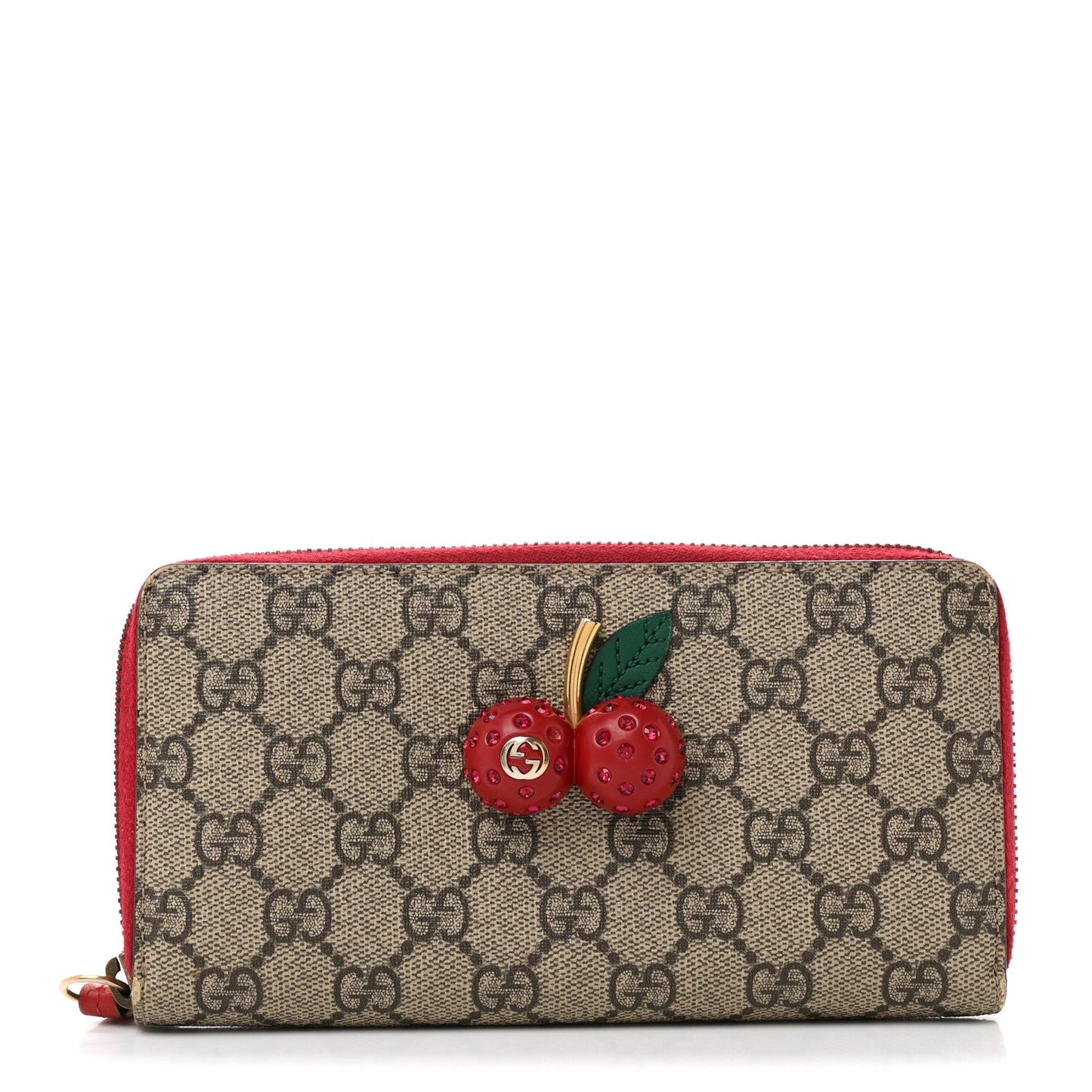 GG Supreme Monogram Cherries Zip Around Wallet Hibiscus Red