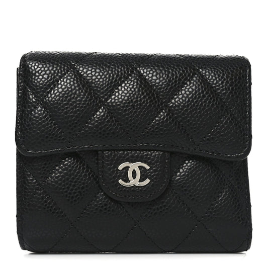 Caviar Quilted Compact Flap Wallet Black