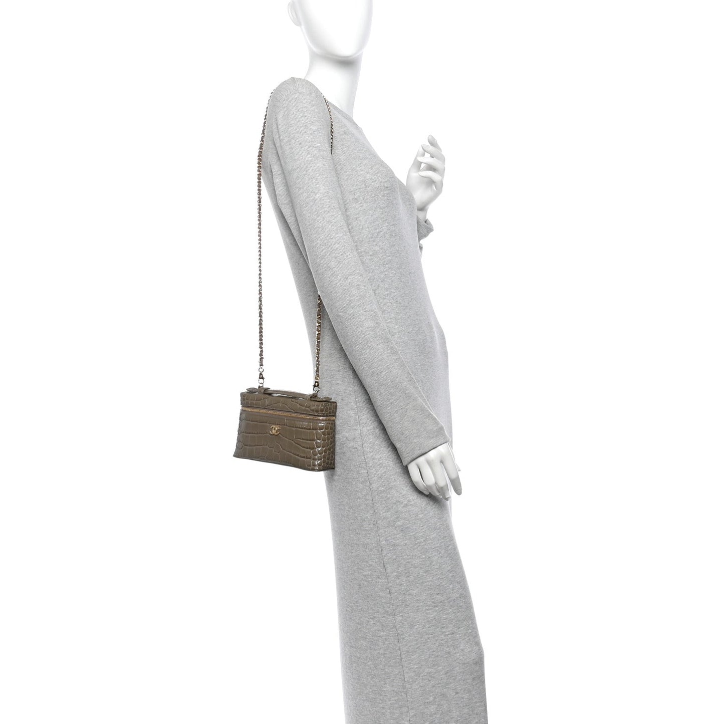 Calfskin Crocodile Embossed Top Handle Trapeze Small Vanity Case With Chain  Dark Khaki