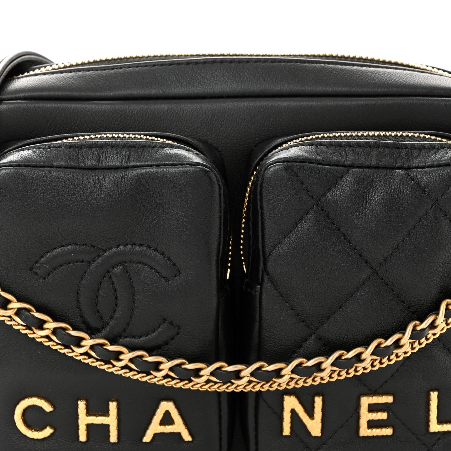 Calfskin Quilted Small Camera Case Black