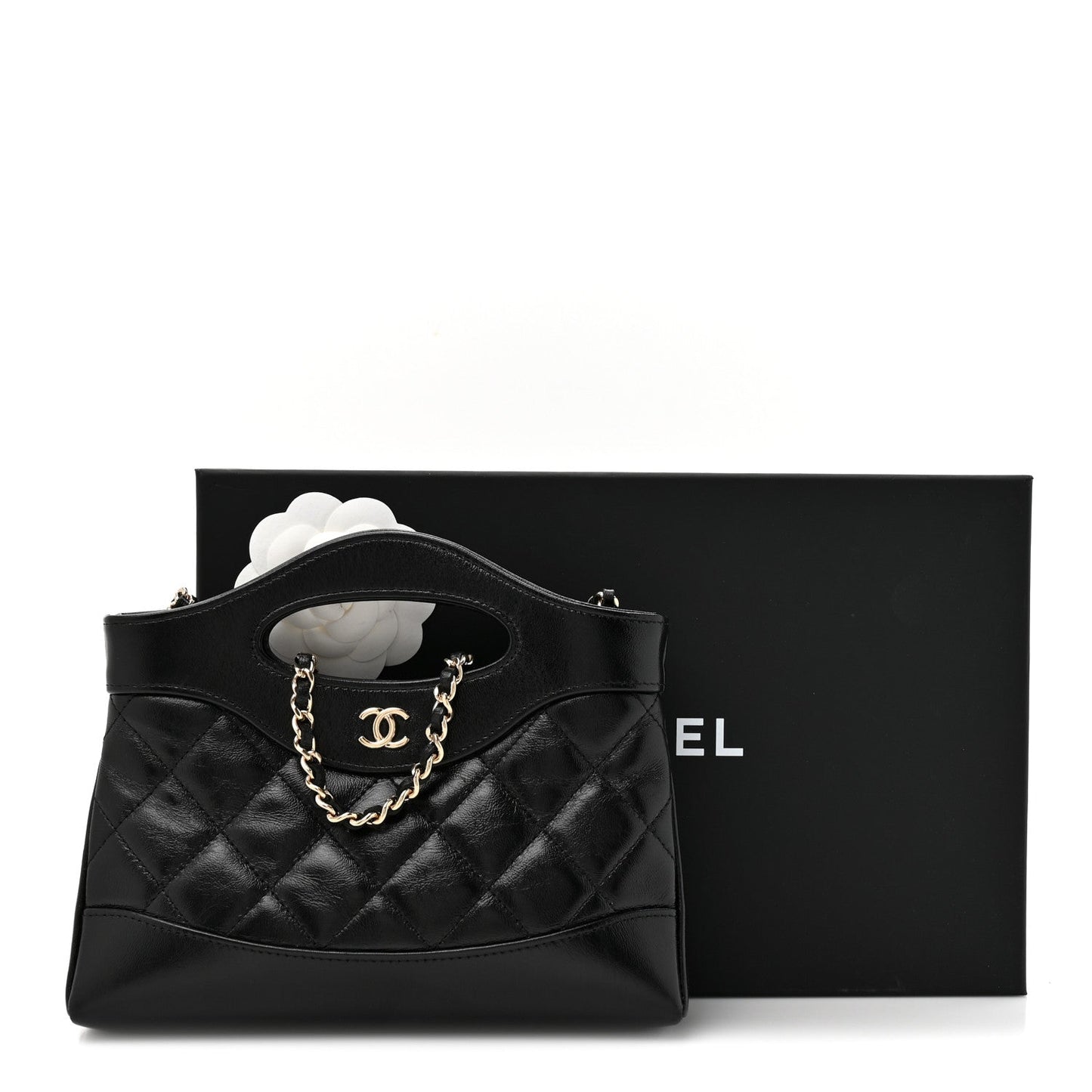 Shiny Crumpled Calfskin Quilted Nano 31 Shopping Bag Black