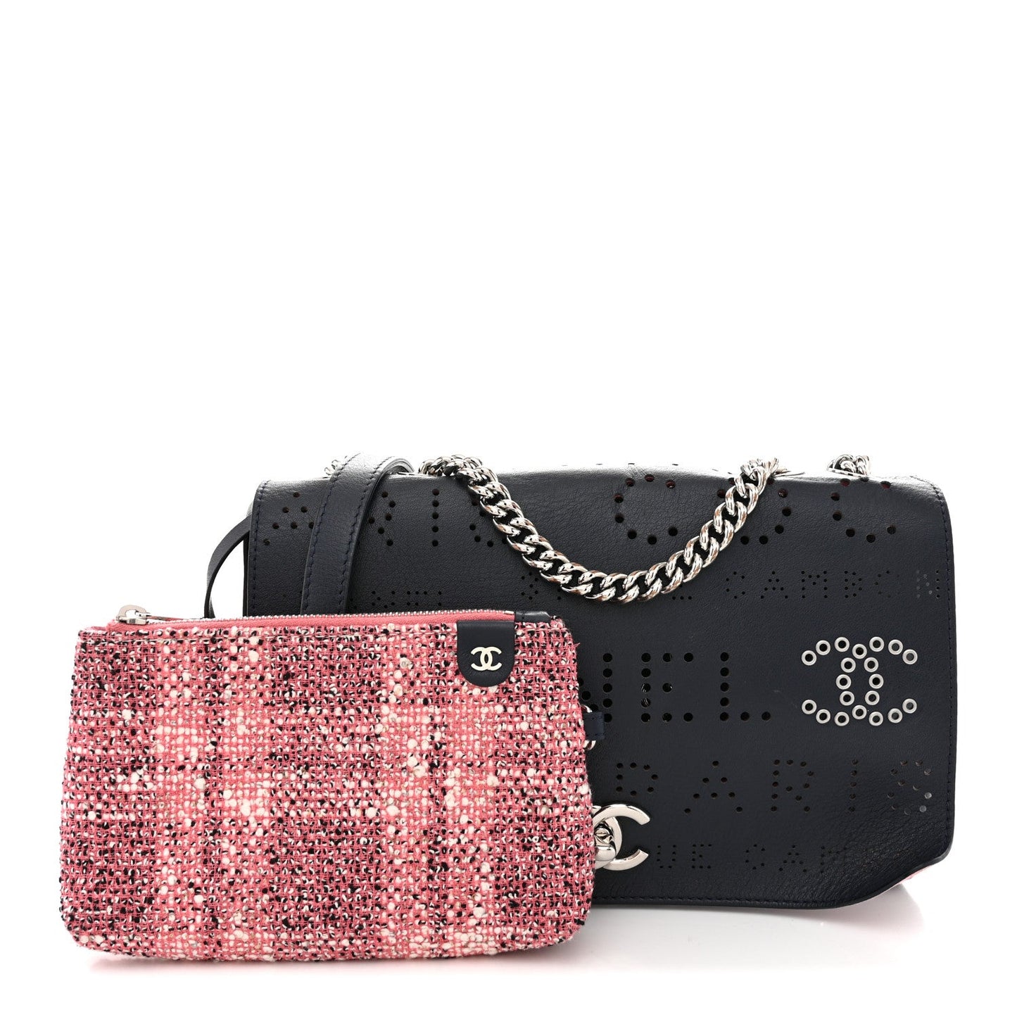 Calfskin Tweed Eyelet Flap Bag Navy