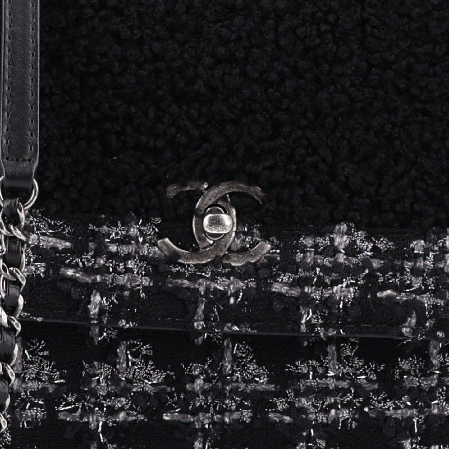 Shearling Tweed Medium Handle Boy Flap Black Grey