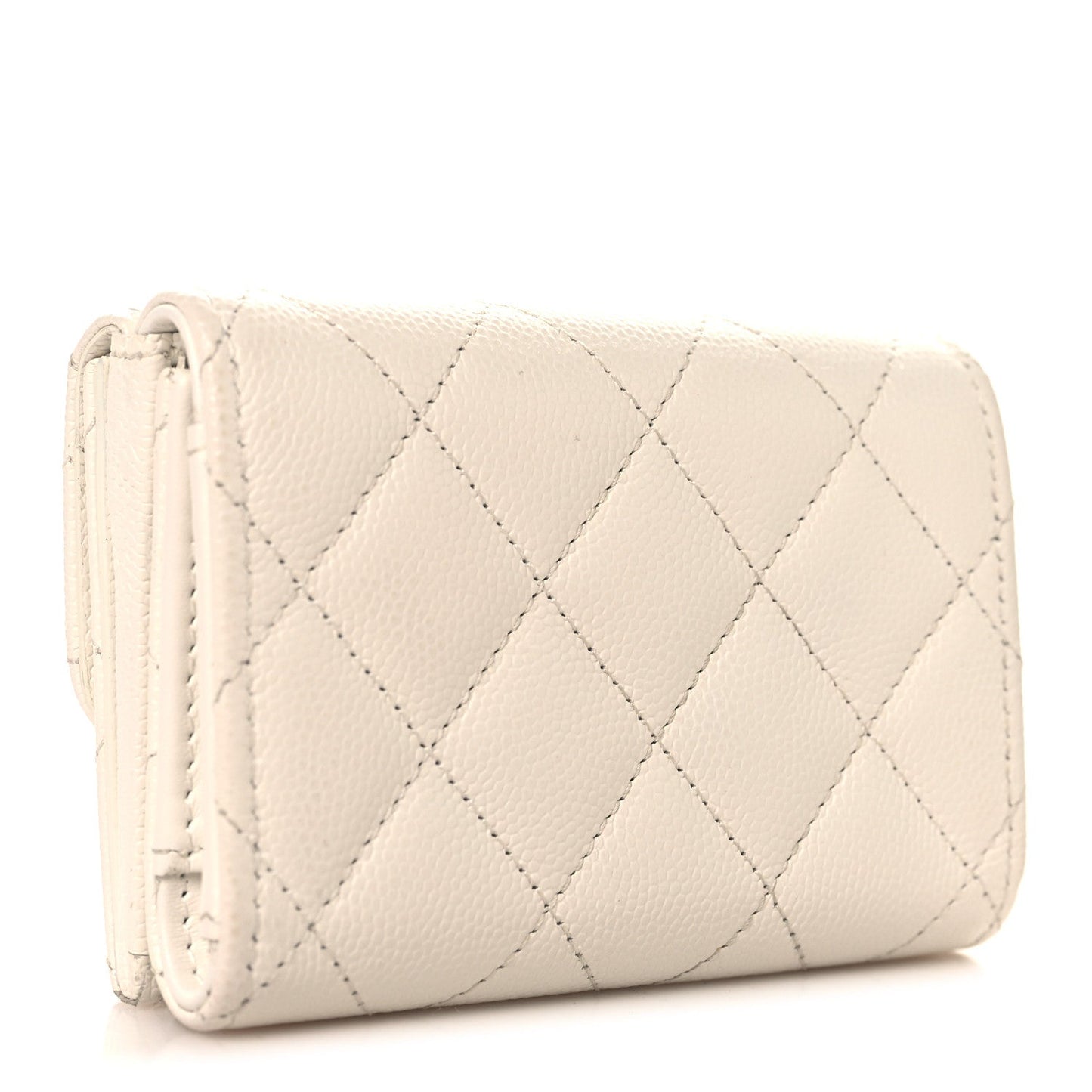 Caviar Quilted Crystal Star  Small Tri-Fold Flap Wallet White