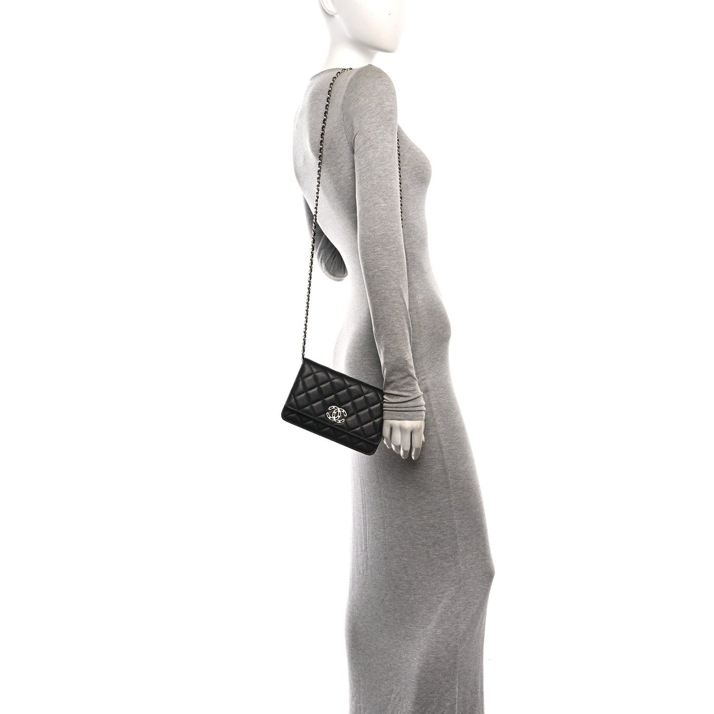 Caviar Quilted Chanel 19 Wallet On Chain WOC Black White