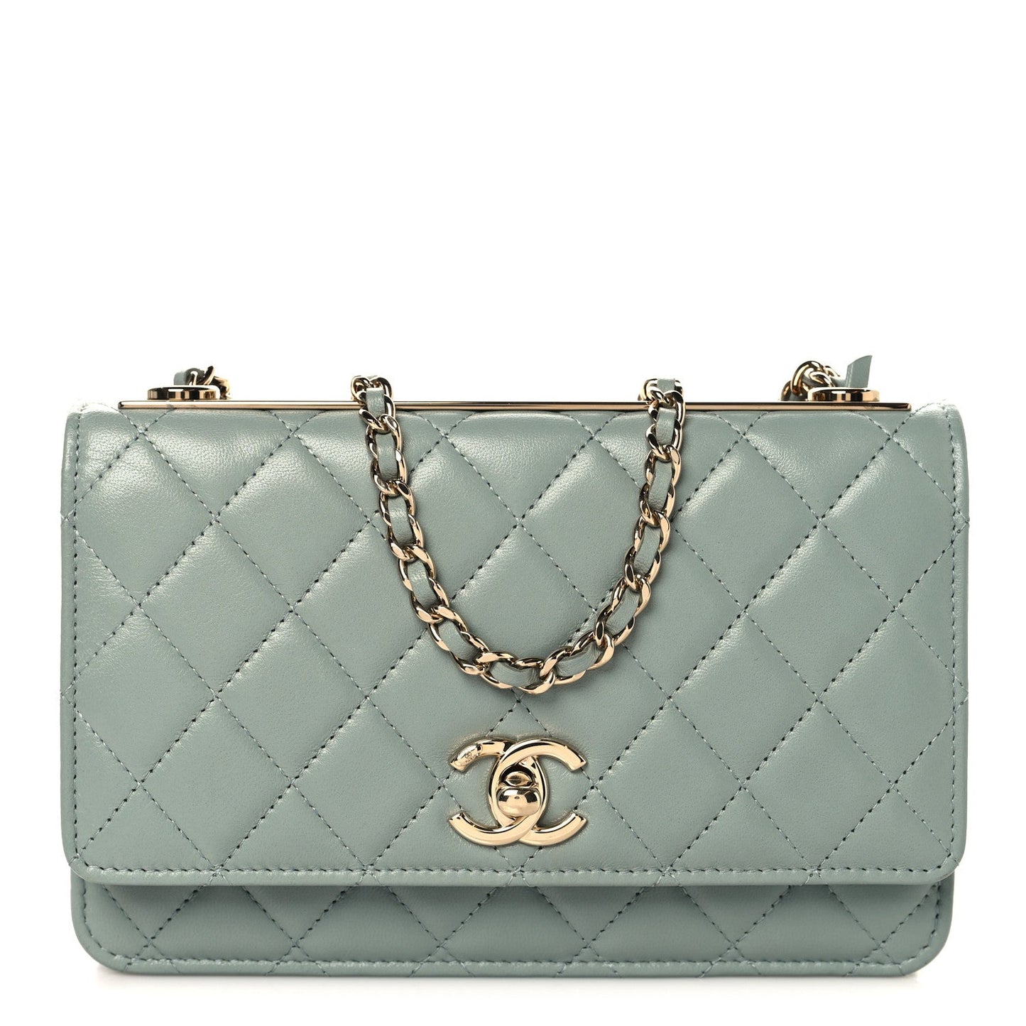 Lambskin Quilted Trendy CC Wallet On Chain WOC Light Blue