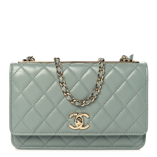 Lambskin Quilted Trendy CC Wallet On Chain WOC Light Blue