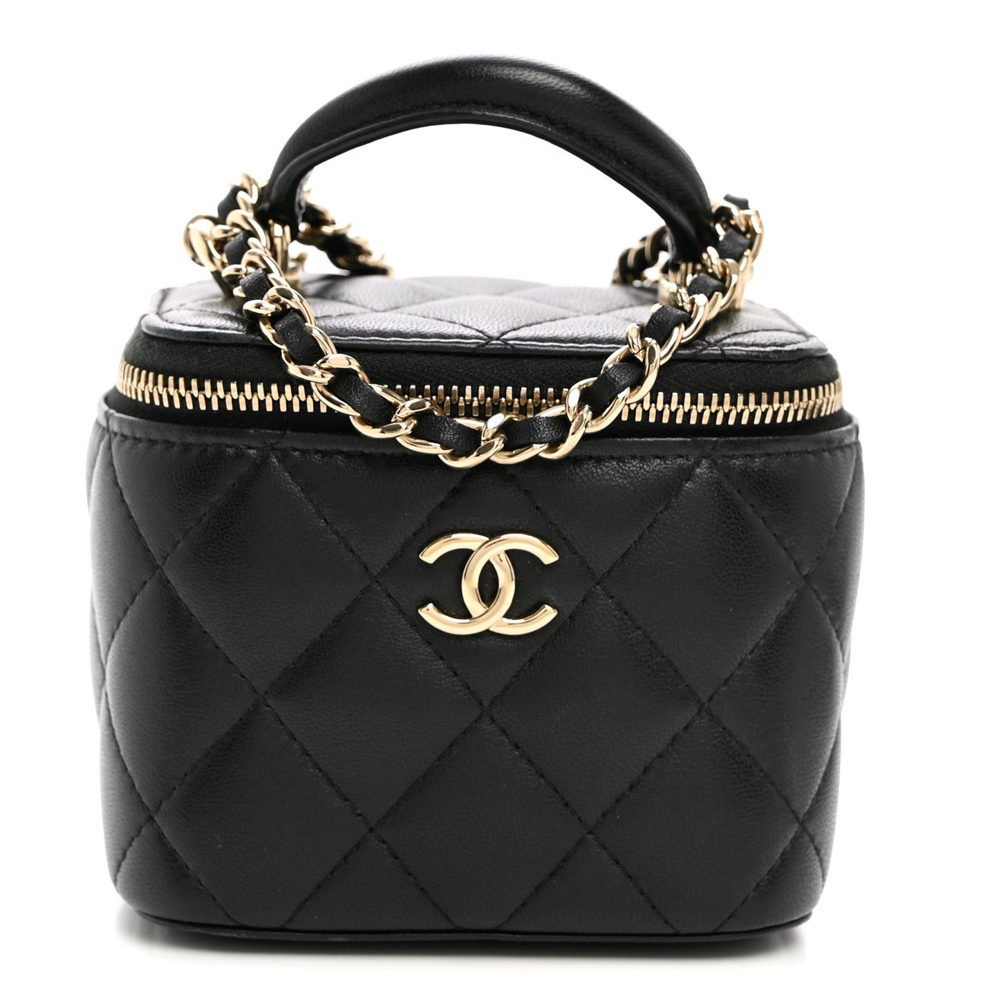 Lambskin Quilted Top Handle Mini Vanity Case With Chain Black