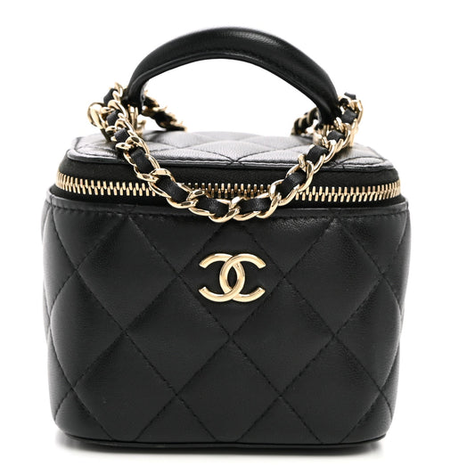 Lambskin Quilted Top Handle Mini Vanity Case With Chain Black