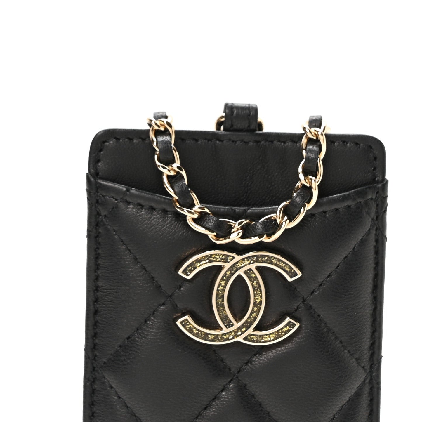 Lambskin Quilted Glitter Card Holder On Chain Black