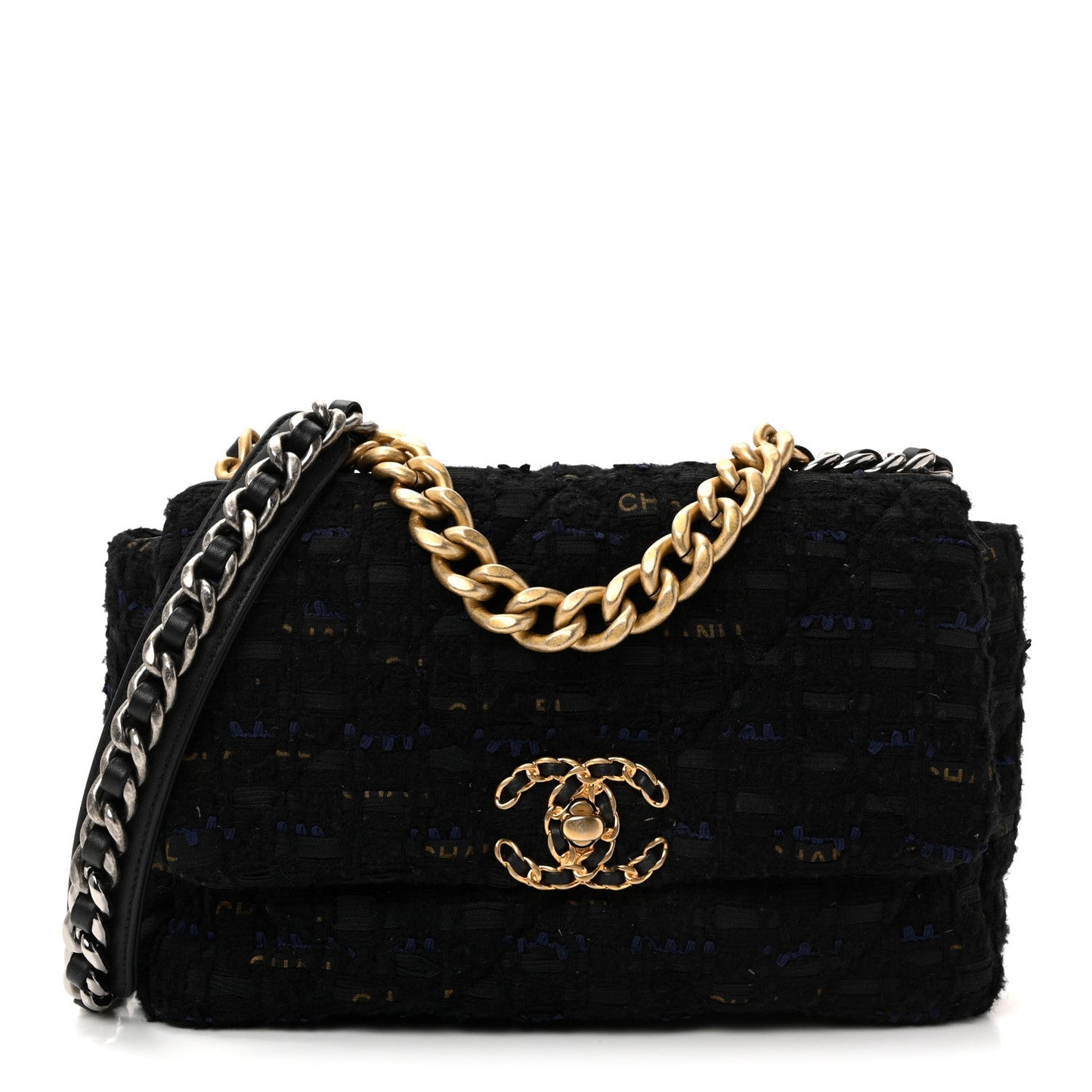 Tweed Quilted Medium Chanel 19 Flap Navy Blue Black