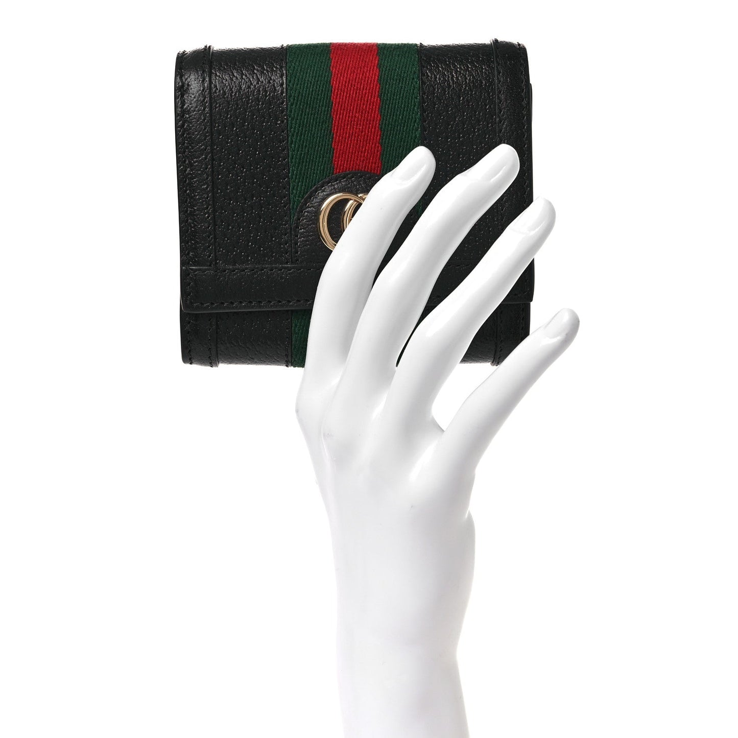 Textured Dollar Calfskin Web Ophidia Card Case Wallet Black