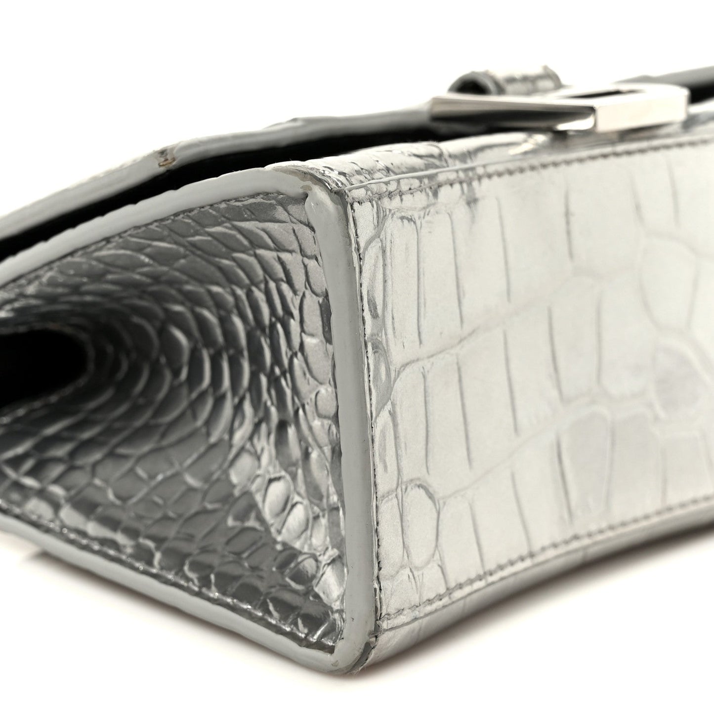 Metallic Calfskin Crocodile Embossed Hourglass Top Handle Bag XS Silver