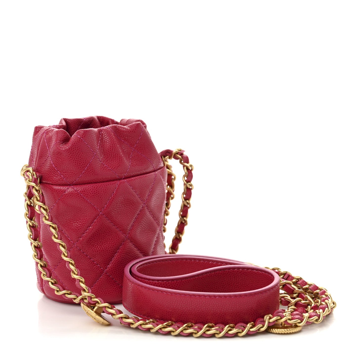 Caviar Quilted Twist Your Buttons Mini Bucket Bag Fuchsia