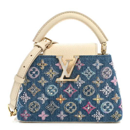 Denim Lurex Beaded Calfskin Capucines Mini Blue Cream