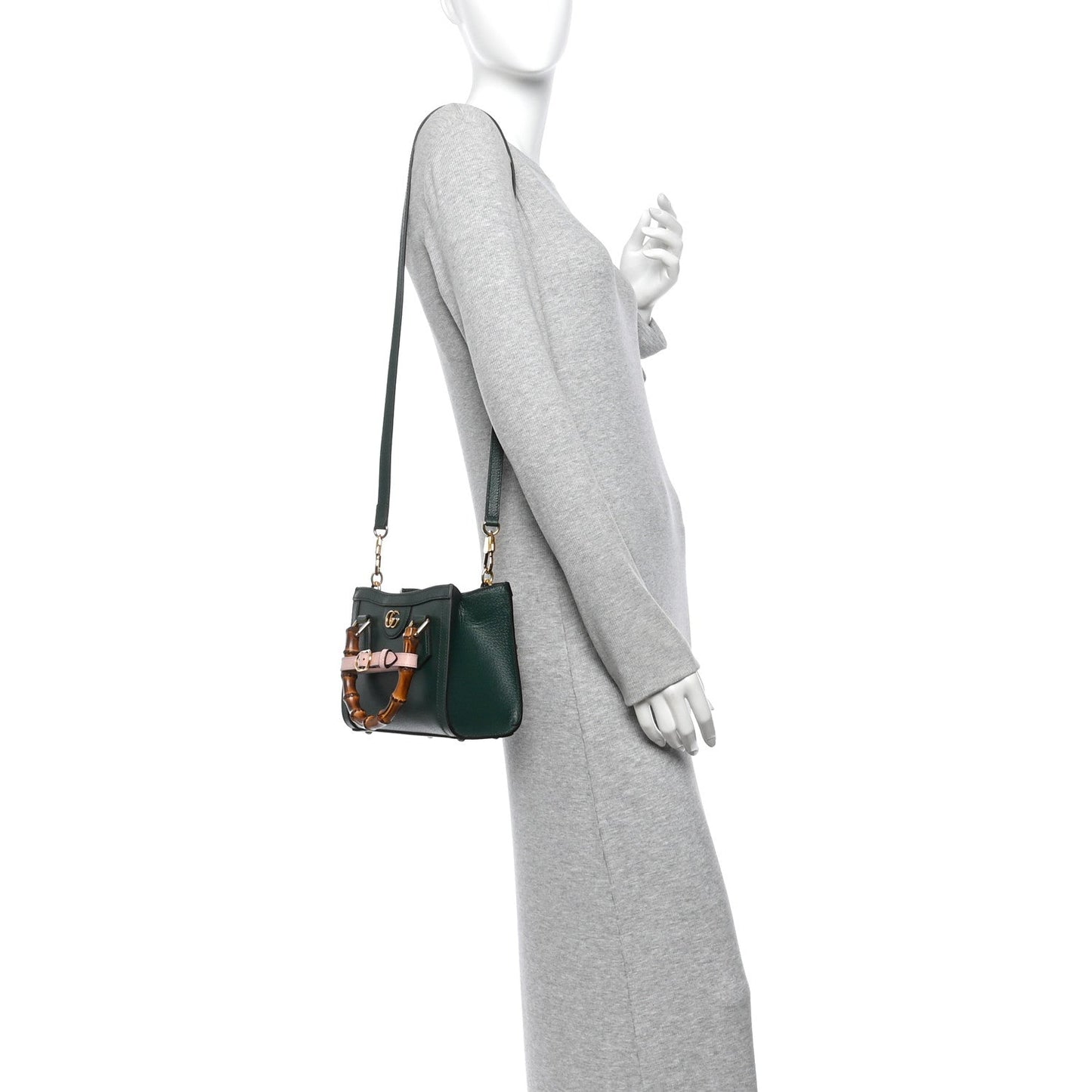 Textured Dollar Calfskin Web Mini Diana Tote Bag Vintage Green Pink