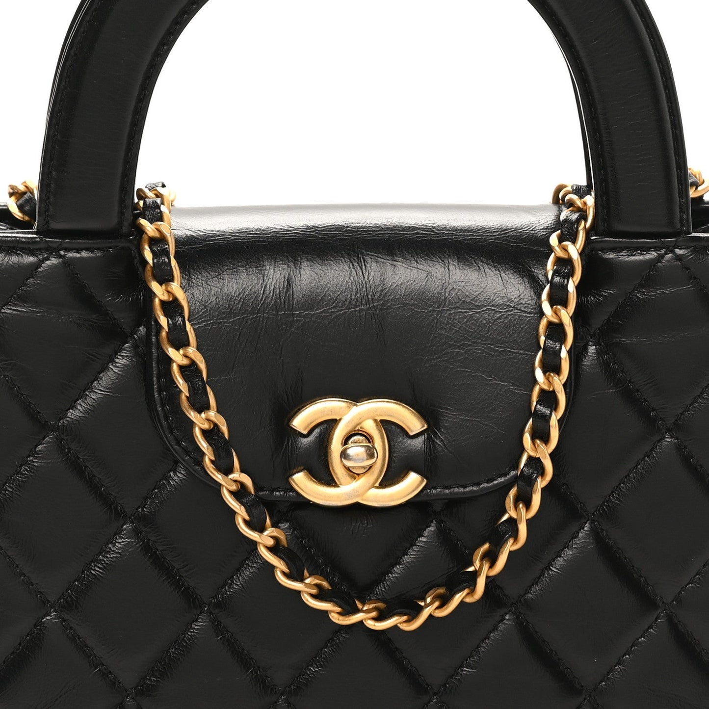 Shiny Aged Calfskin Quilted Nano Kelly Shopper Black