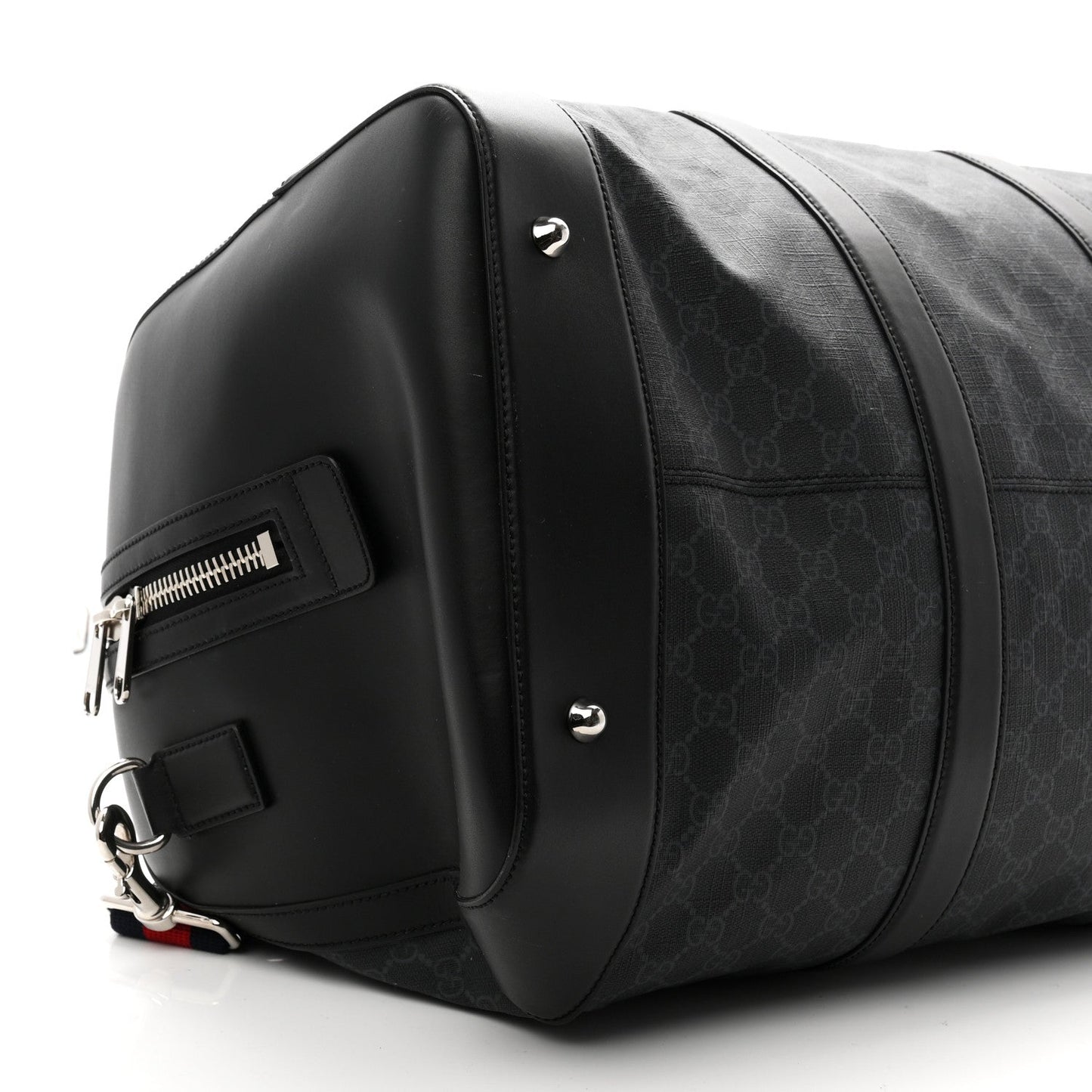 Soft GG Supreme Monogram Appia Calfskin Web Large Carry On Duffle Bag Black Grey
