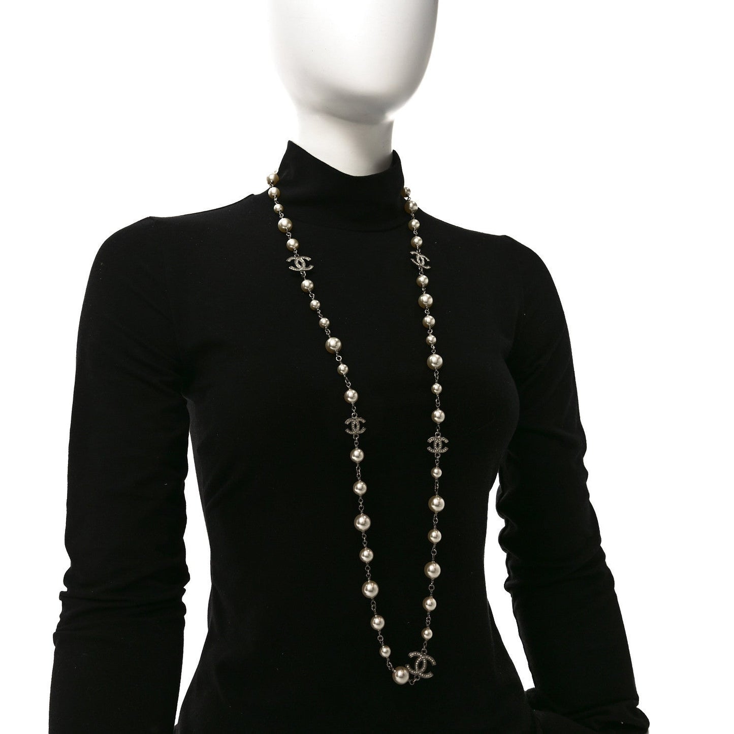 Graduated Pearl Crystal CC Long Necklace Silver