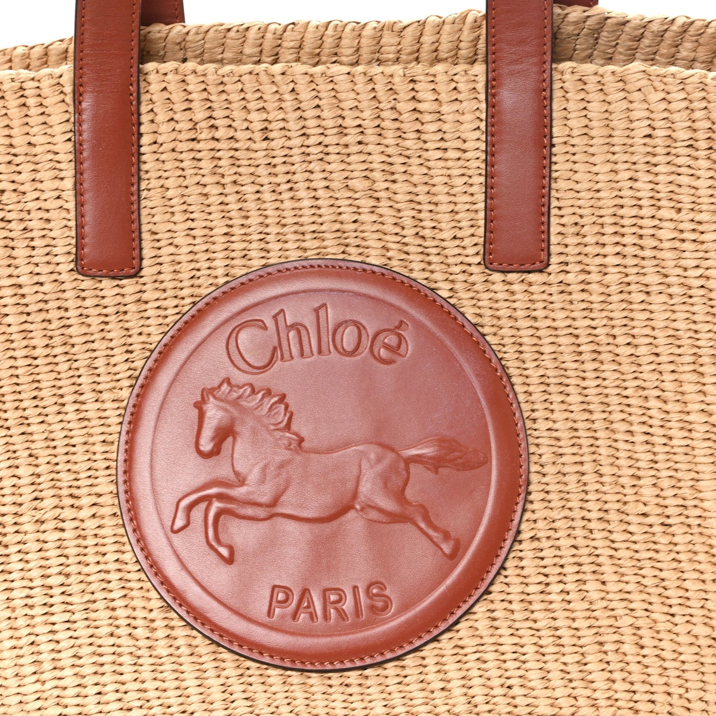 Raffia Calfskin Horse Medal Large Basket Tote Sepia Brown