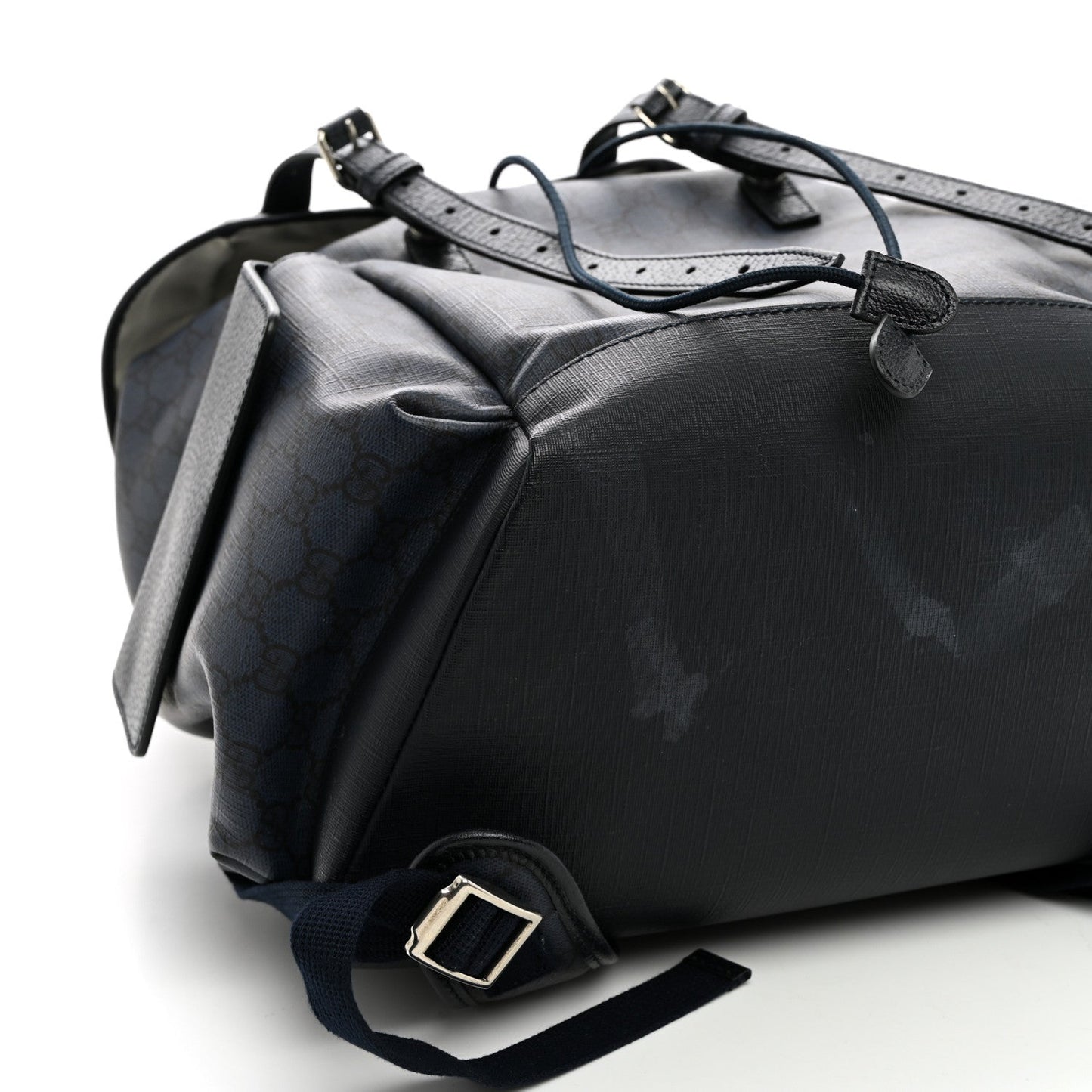 GG Supreme Monogram Textured Dollar Calfskin Medium Ophidia Double Buckle Backpack Blue Dark Blue Black