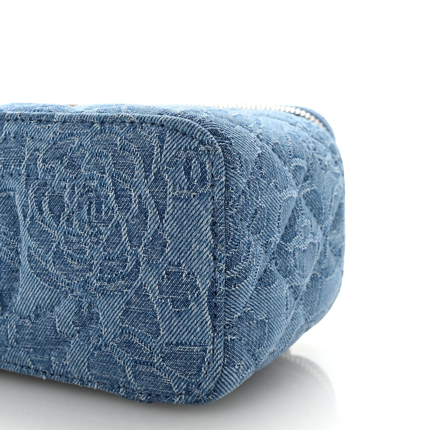 Denim Quilted Sweetheart Small Vanity Case With Chain Blue