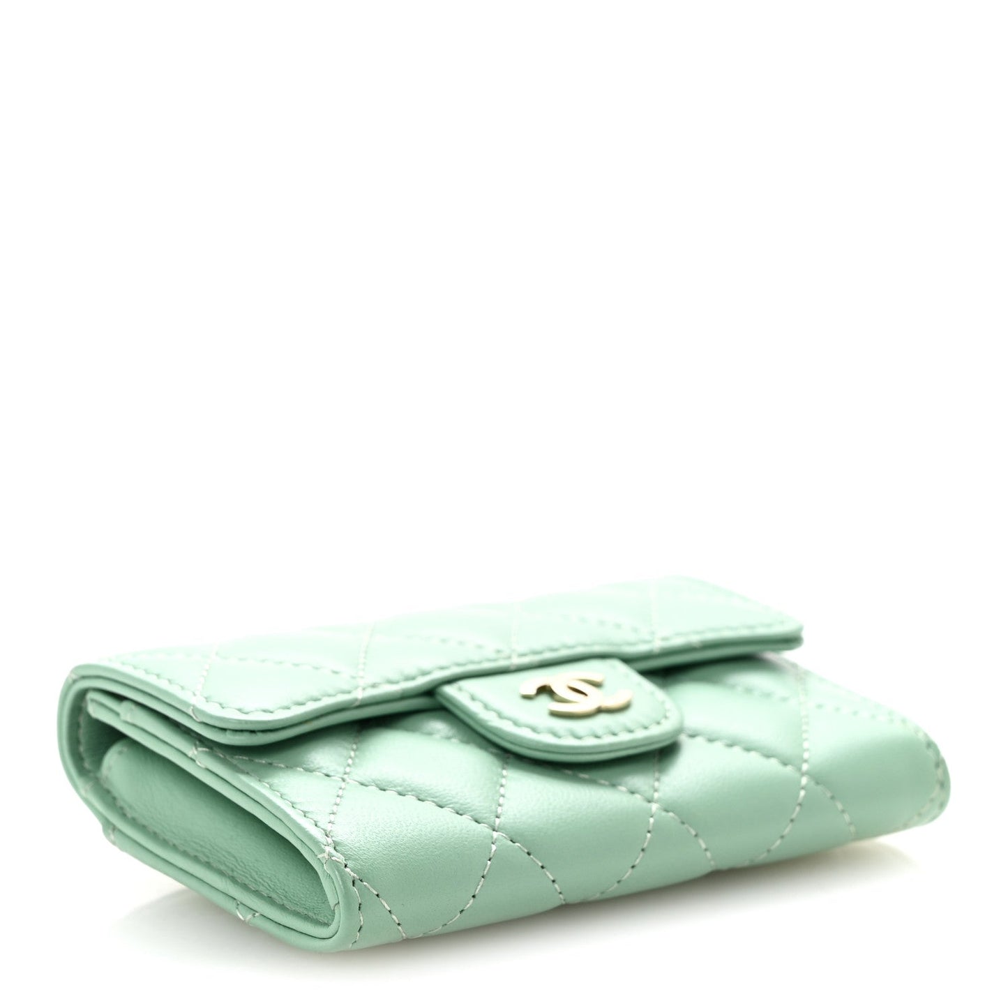 Lambskin Quilted Flap Card Holder Wallet Green