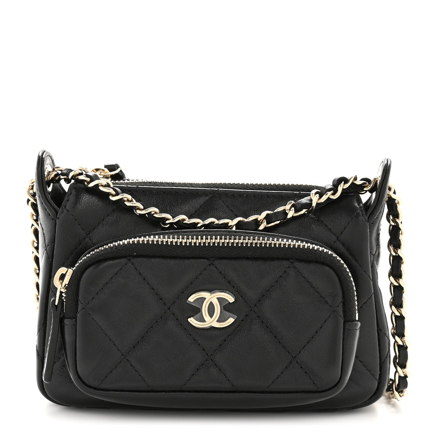 Shiny Crumpled Lambskin Quilted Mini Clutch With Chain Black