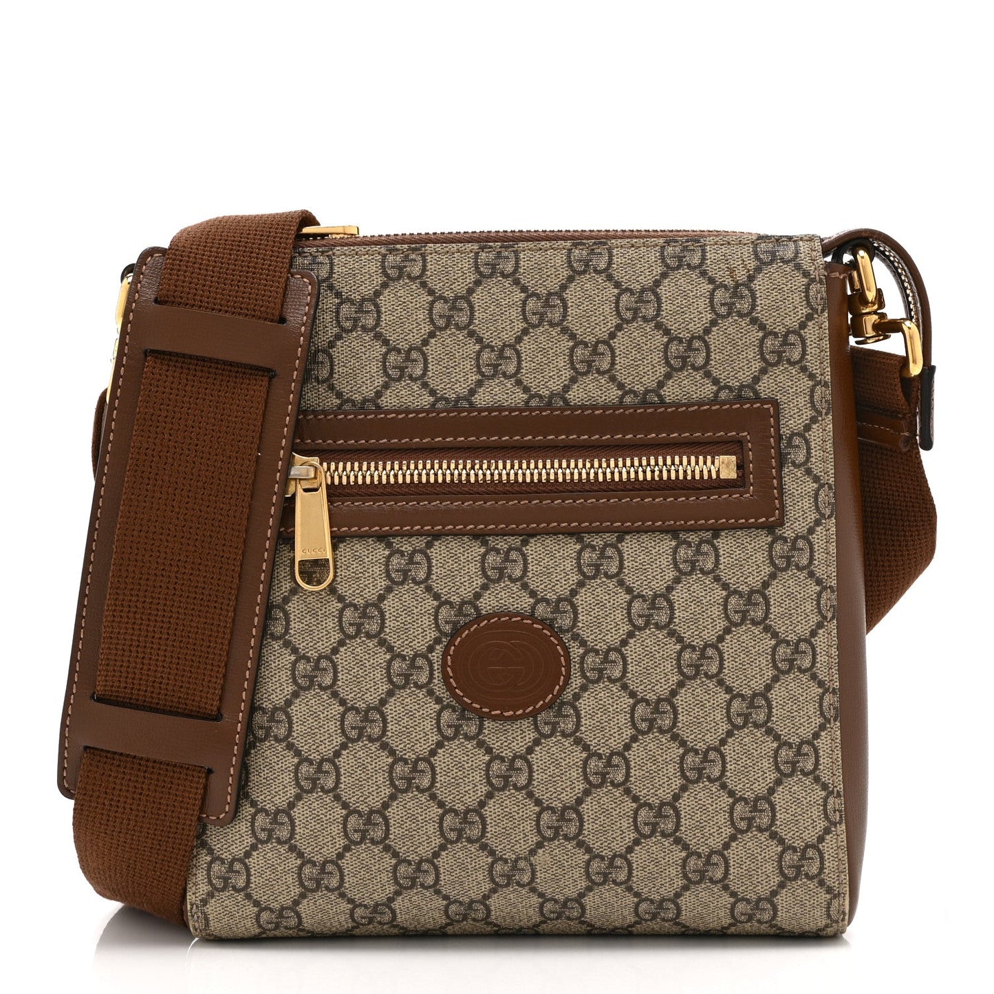 GG Supreme Monogram Azalea Calfskin Retro Interlocking G Flat Messenger Bag Beige Ebony Brown Sugar