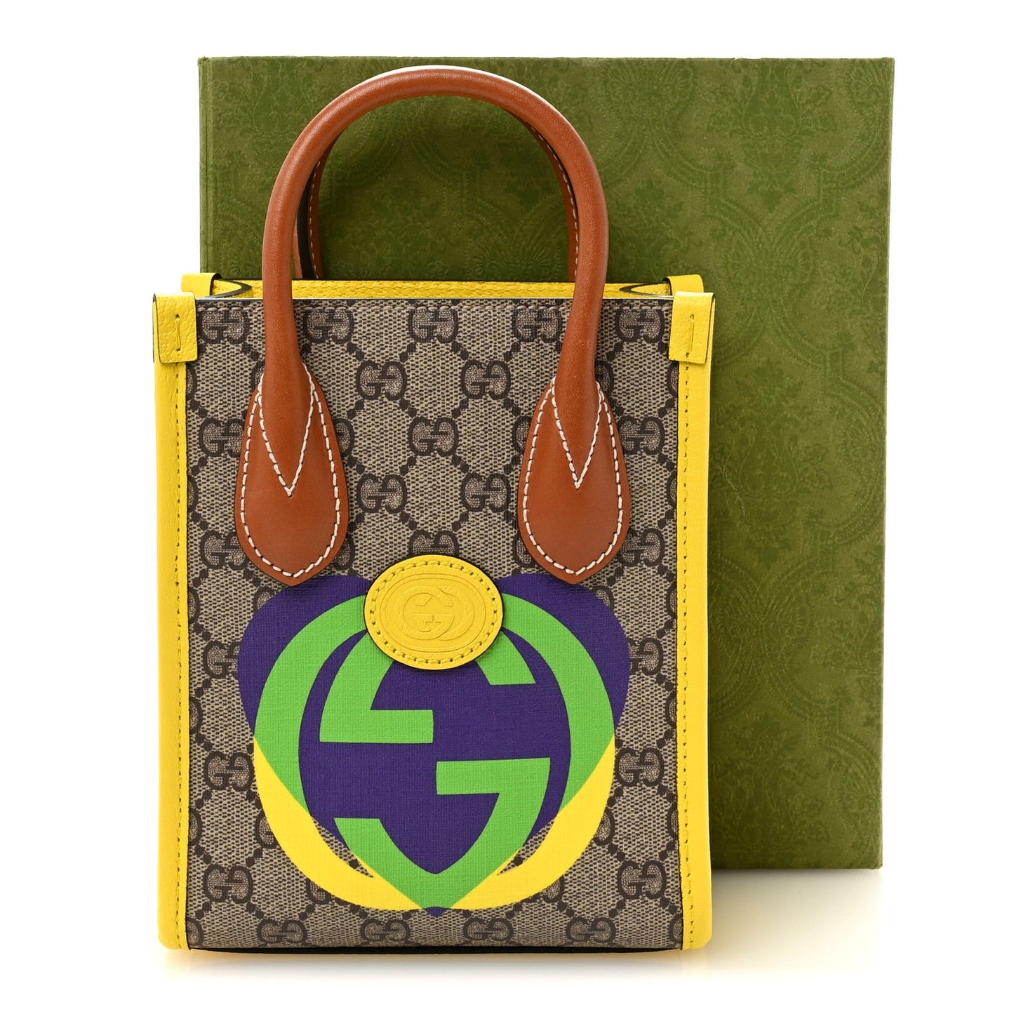 GG Supreme Monogram Textured Dollar Calfskin Heart Interlocking G Mini Vertical Tote Beige Ebony Harness Brown Yellow