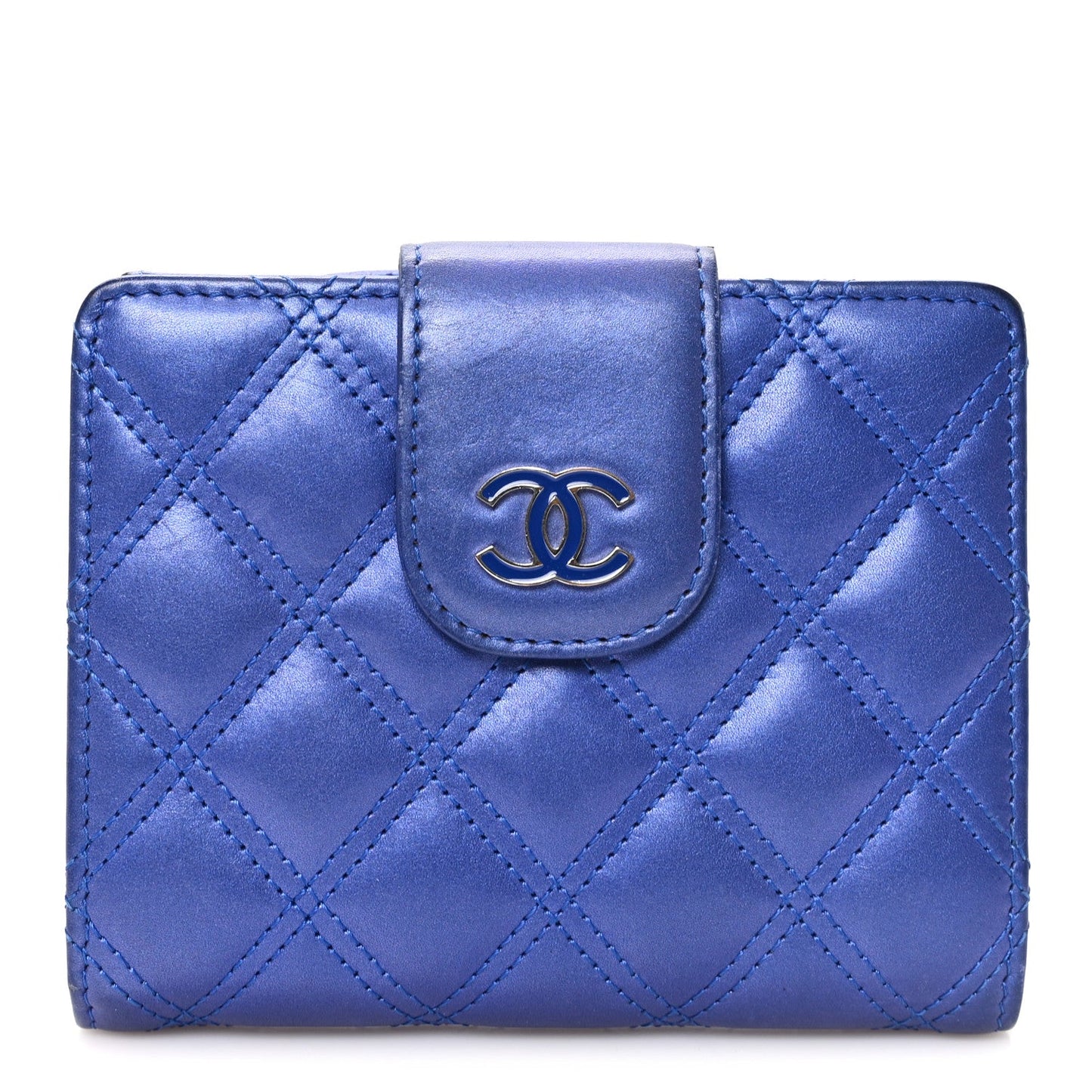 Iridescent Lambskin Quilted Double Stitch Compact Zipped Pocket Wallet Purple