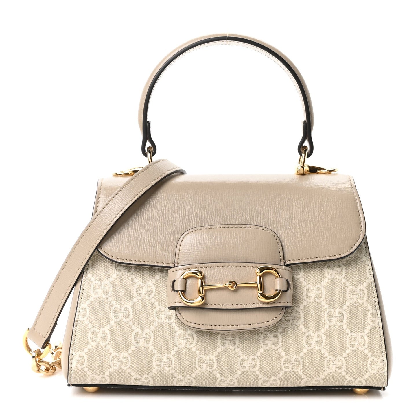 GG Supreme Monogram Azalea Calfskin Mini Horsebit 1955 Top Handle Flap Bag Beige Mystic White Oatmeal