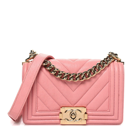Caviar Chevron Quilted Small Boy Flap Pink