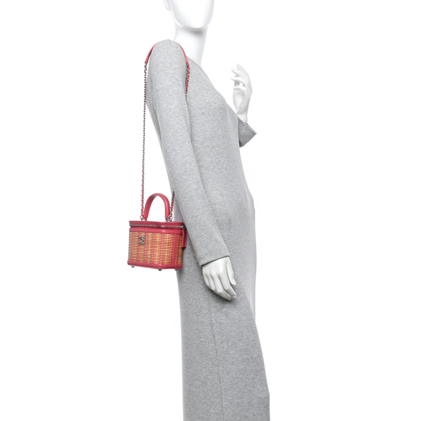 Calfskin Raffia Small Take Away Vanity Case Bag Pink Beige