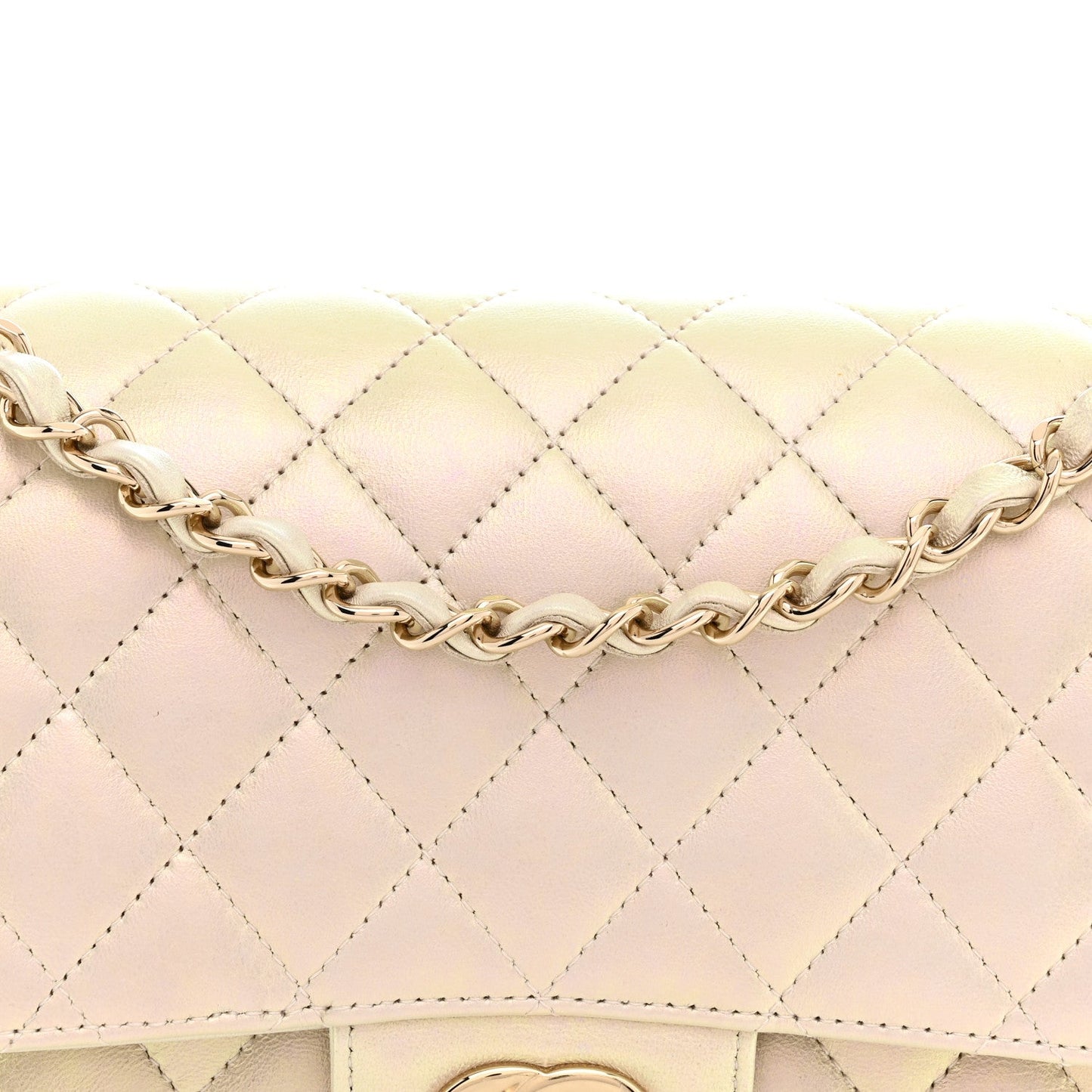 Iridescent Lambskin Quilted Medium Double Flap Ivory