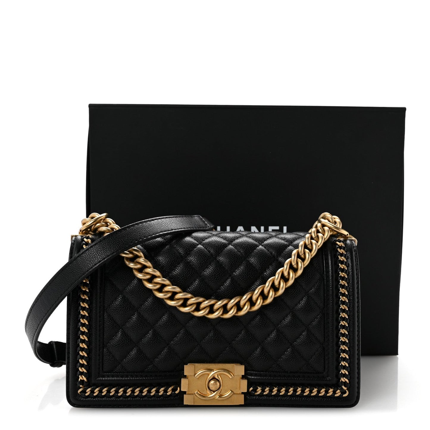 Caviar Quilted Medium Chain Around Boy Flap Black