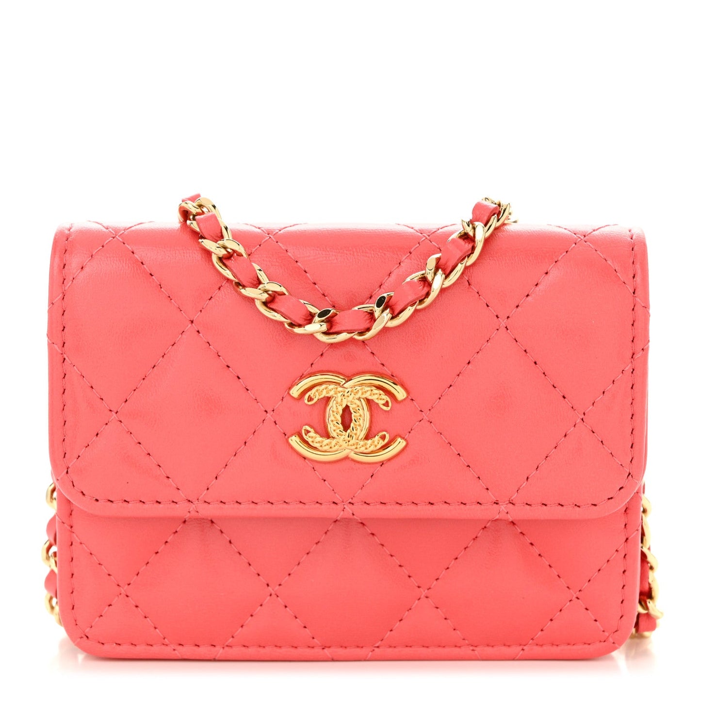 Shiny Lambskin Quilted Card Holder On Chain Pink