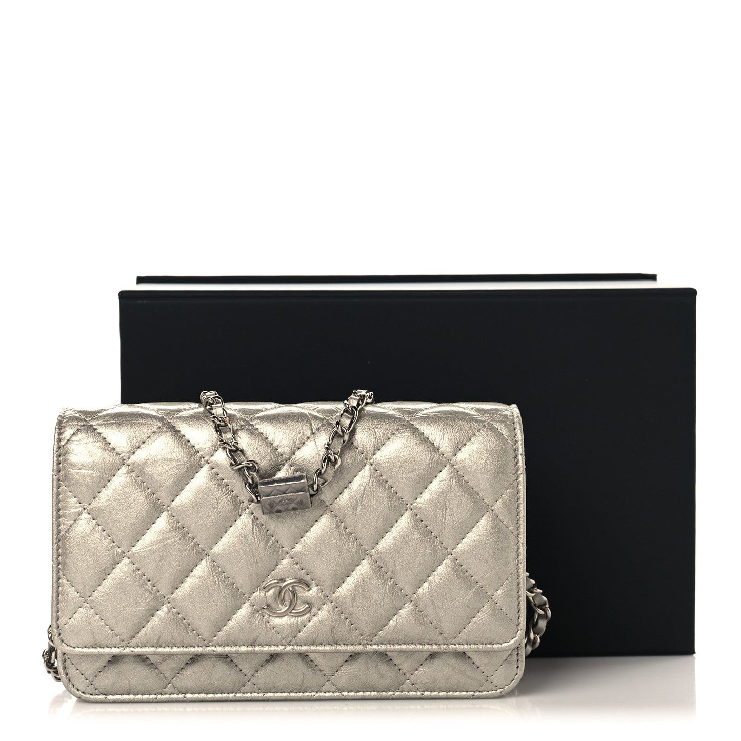 Metallic Crumpled Calfskin Quilted Flap Charm Wallet On Chain WOC Silver