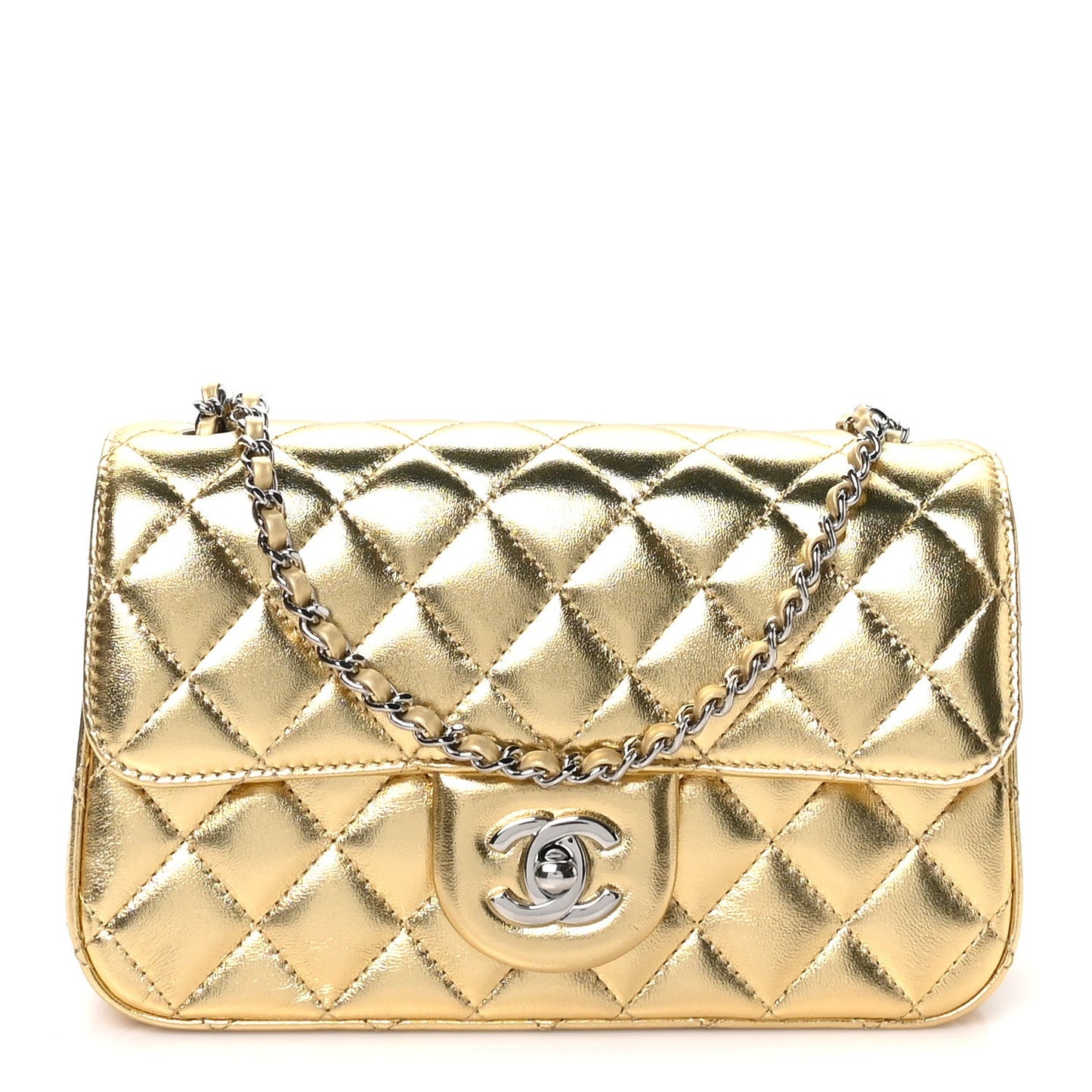 Metallic Lambskin Quilted Mini Rectangular Pearl Crush Flap  Gold