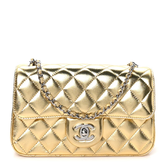 Metallic Lambskin Quilted Mini Rectangular Pearl Crush Flap  Gold