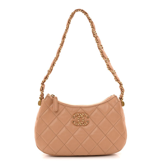 Aged Calfskin Quilted Small Chanel 19 Hobo  Beige