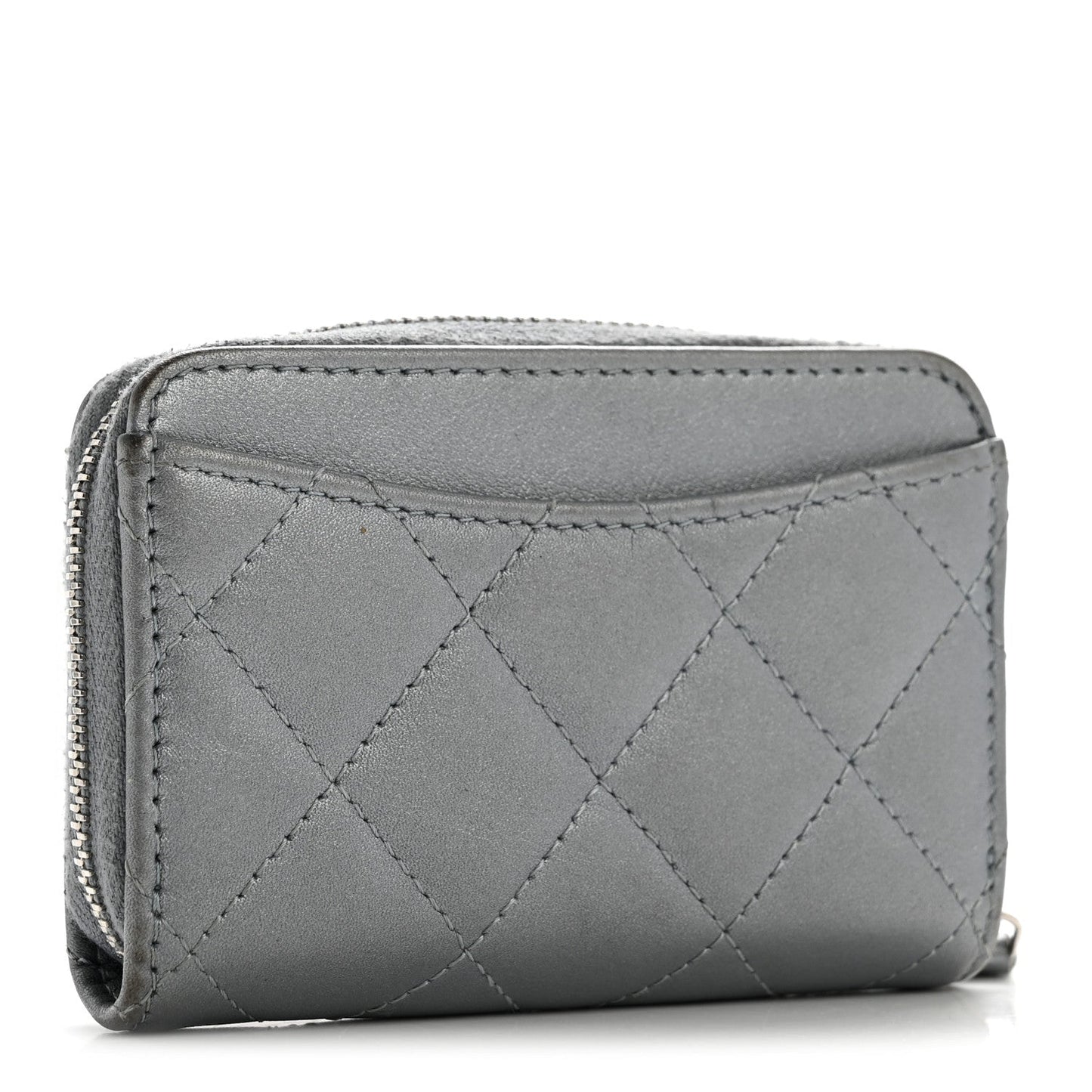 Metallic Lambskin Quilted Zip Around Coin Purse Wallet Silver
