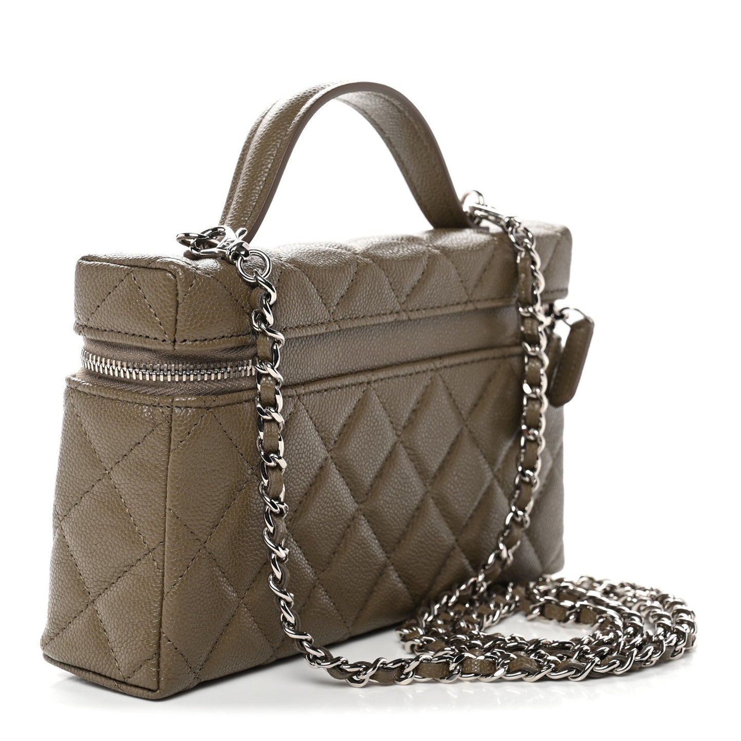 Caviar Quilted Top Handle Slim Vanity With Chain Dark Khaki