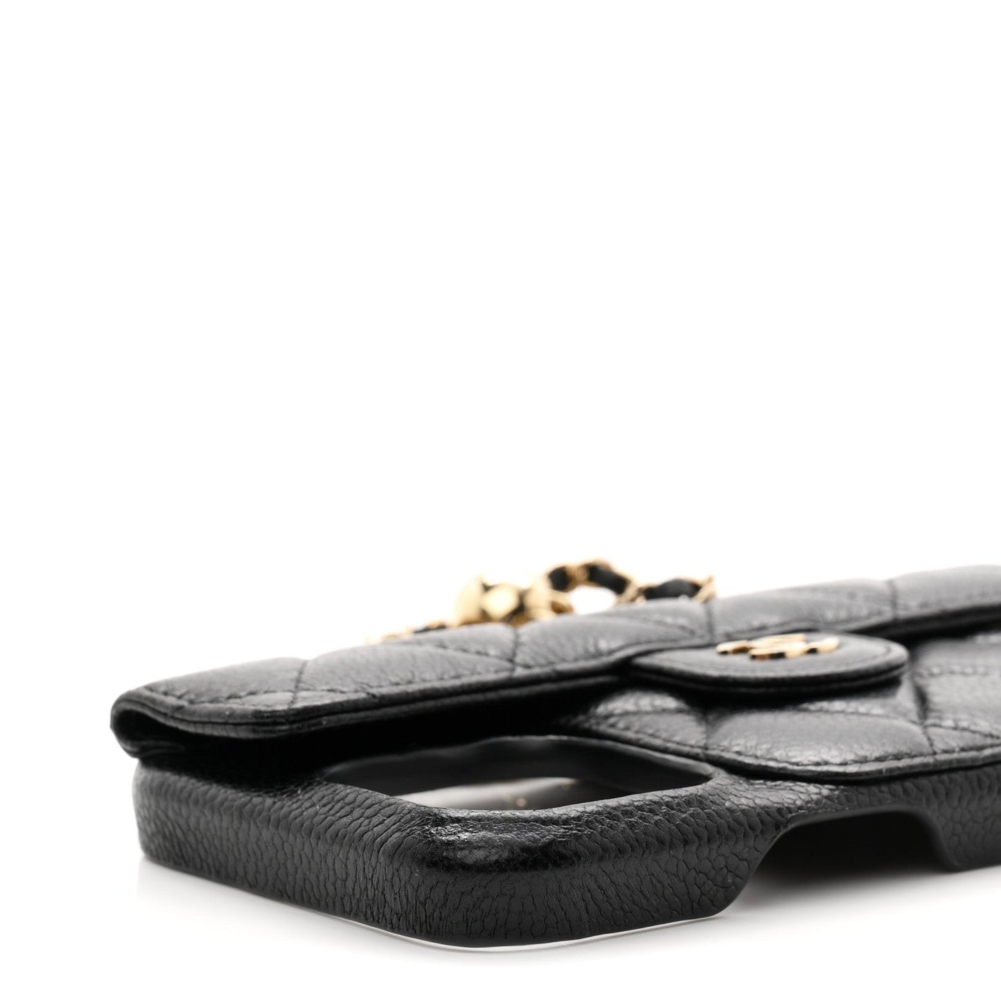 Caviar Quilted Pearl Crush iPhone 15 Pro Max Holder With Chain Black