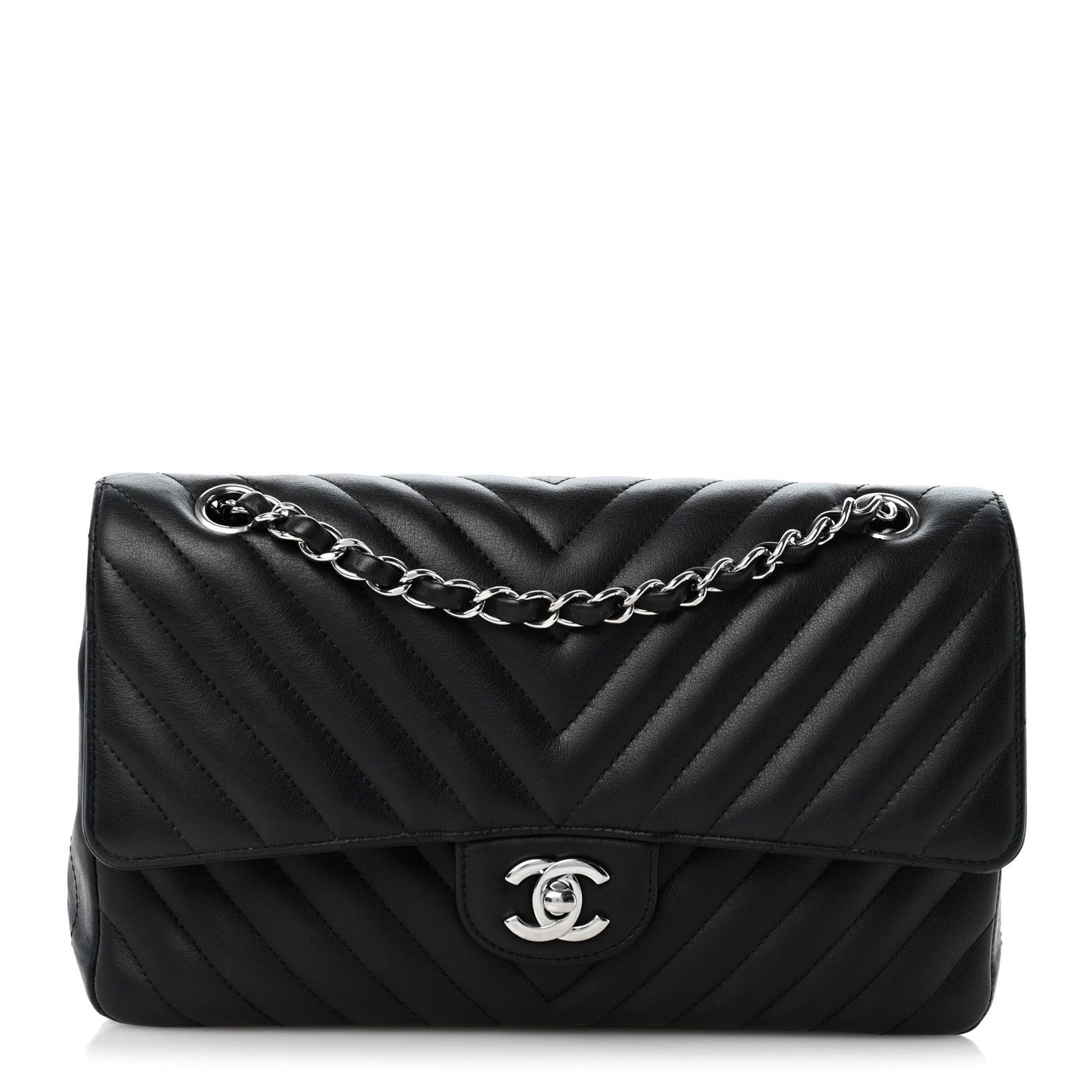 Lambskin Chevron Quilted Medium Double Flap Black