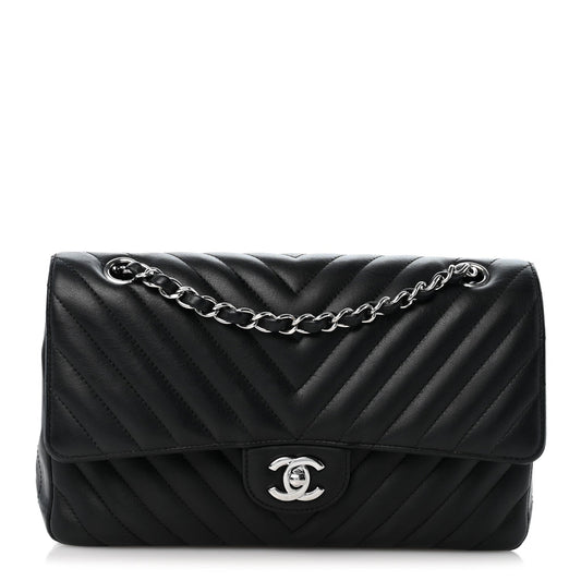Lambskin Chevron Quilted Medium Double Flap Black